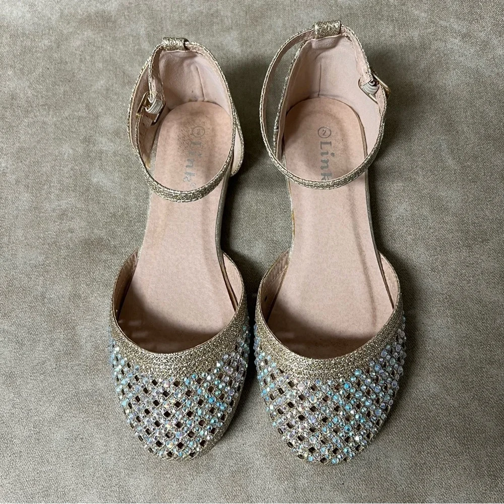 Link girls bejeweled diamond rose gold closed-toed d'orsay DRESS SANDALS Sz2